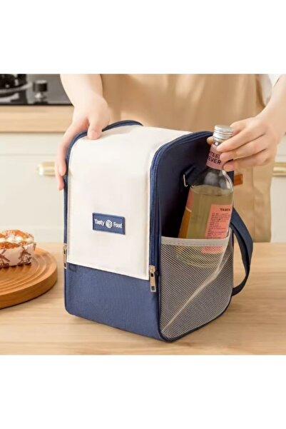 WDA Insulated Lunch Bag with Mesh Pocket, Black and Beige, Adjustable Shoulde...