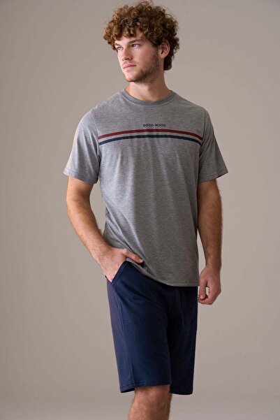 PİJAPİA Men's Short Sleeve 100% Cotton Plus Size Shorts Pajama Set Light Gray