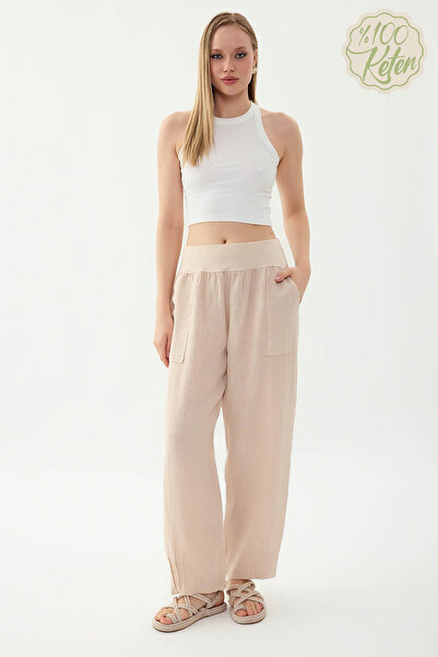 Vitrin 100% Linen Leggings Pleated Pocketed Pants