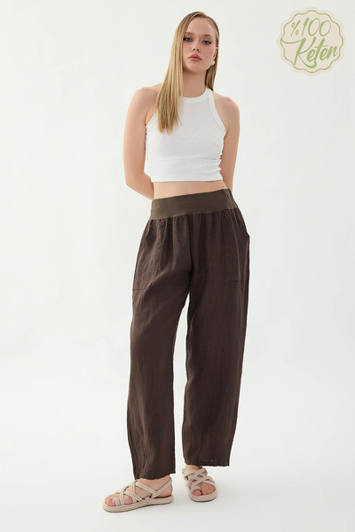 Vitrin 100% Linen Leggings Pleated Pocketed Pants