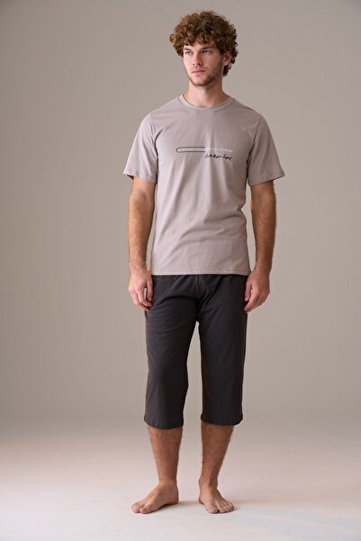 PİJAPİA Men's Short Sleeve 100% Cotton Plus Size Capri Pajama Set Beige