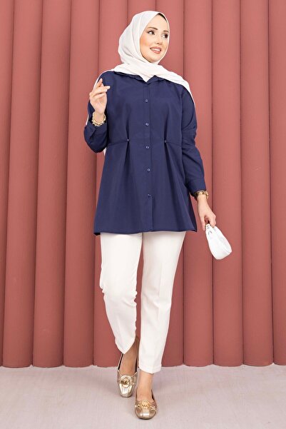 HTN Alin Waist Adjustable Buttoned Shirt Navy Blue