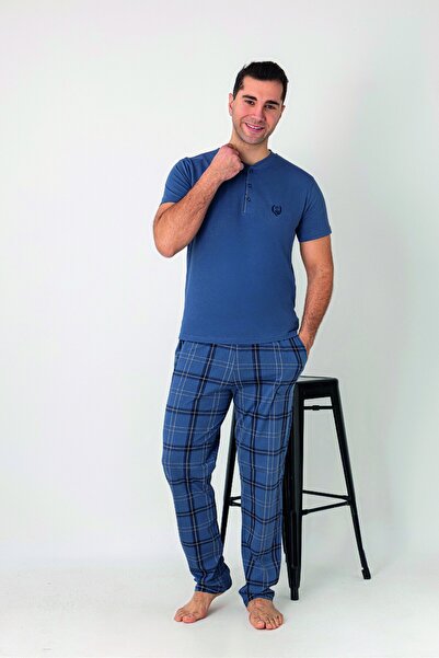 Estiva Men's Checked Alt Patterned Petrol Short Sleeve Combed Cotton Pajama Set