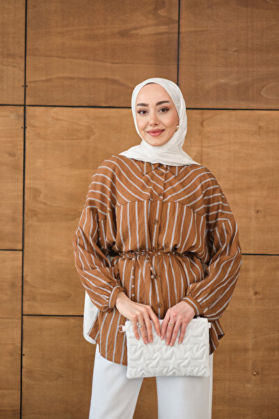 LOCCO Women's Striped Detailed Casual Shirt Brown