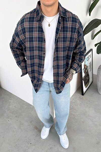 HAFKAGİYİM Mornarsko plava Karirano Oversize kroj Košulja drvoseče