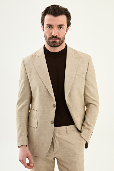 Mcr Patterned Slim Fit Wide Collar Men's Suit Beige - 45438.26Y