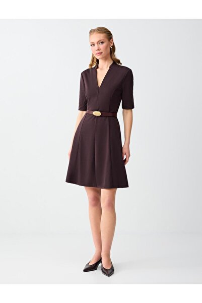 Jimmy Key Acı Kahve Hakim Collar Elbow Sleeve Slim Fit Knitted Mini Dress