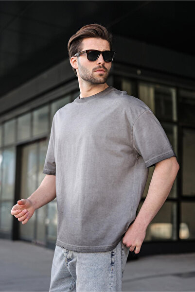 Madmext Black 100% Cotton Lu Crew Neck Oversized Men's T-Shirt E7177