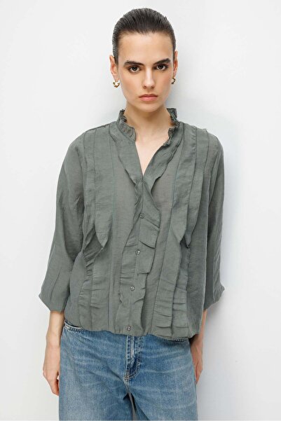 Mixray 4830 Women's High Collar Ruffled Ruffled Blouse Khaki