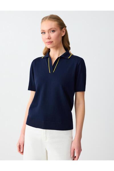 Jimmy Key Lacivert V Yaka Kısa Kollu Çizgi Detaylı Triko Bluz