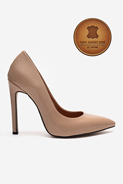 Ayakkabı Ateşi Genuine Leather Nude Patent Leather Pointed Toe Flat Sole Stil...