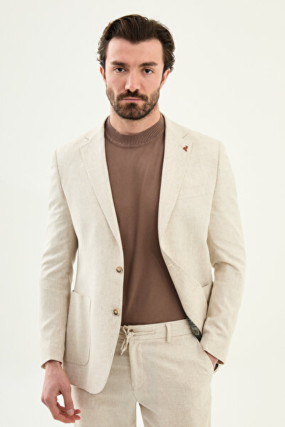 Mcr Kırçıllı Slim Fit Mono Collar Pocket Trousers Drawstring Men's Suit Beige...