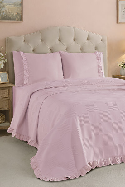 Enlora Home %100 Pamuk Fırfırlı Pike Örtü Çift Kişilik Düz Renk Pudra (1 Parça)