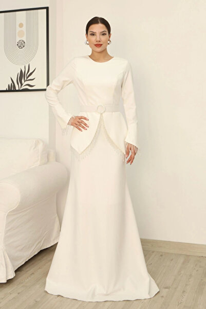 lodmela Βραδινό Φόρεμα με Ζώνη και Λεπτομέρειες από Χάντρες 2302-Λευκό