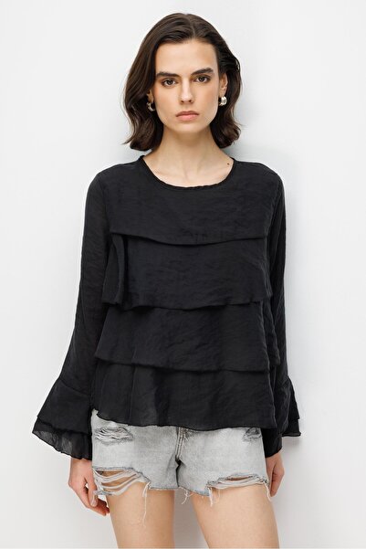 Mixray 4831 Women's Layered Detailed Ruffled Long Sleeve Blouse Black