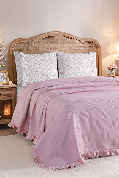 Enlora Home %100 Pamuk Fırfırlı Pike Takımı Çift Kişilik Twin Gülkurusu (4 Pa...