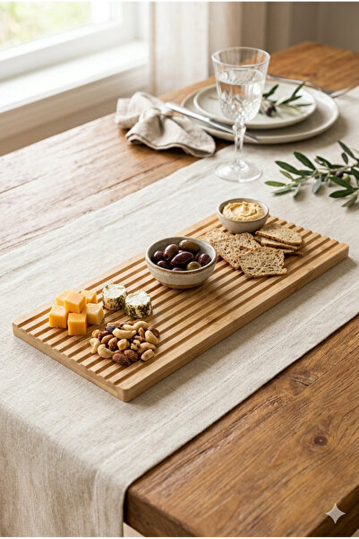 Selenica Bambu Sunumluk 39x17 cm Oluklu Tasarım - Şık Peynir, Çerez ve Kahval...