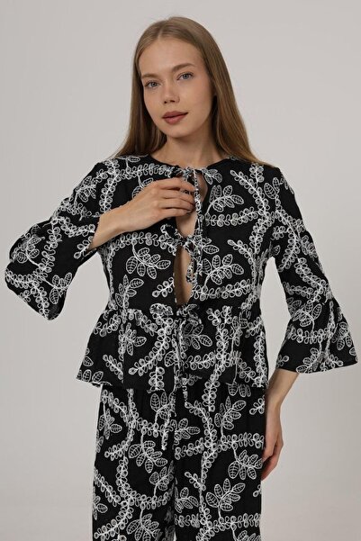 Hiccup Janes Embroidered Crew Neck Blouse with Tie Detail