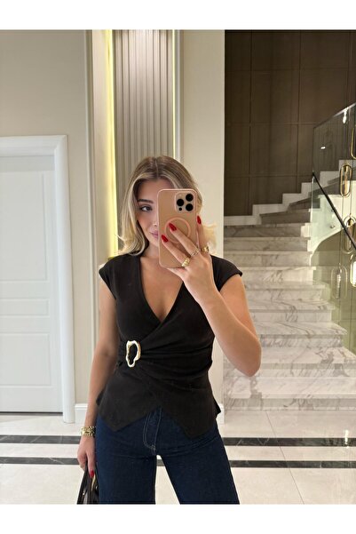 CKBUTİK Kahve Rengi Broş Detaylı Kruvaze Bluz-251039