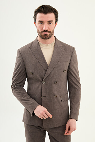 Mcr Patterned Slim Fit Wide Collar Double-Breasted Men's Suit Brown - 45439.26Y