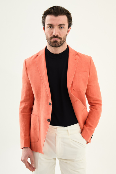 Mcr Plain Slim Fit Mono Collar Pocket 100% Linen Men's Jacket Tile - 41487.26Y