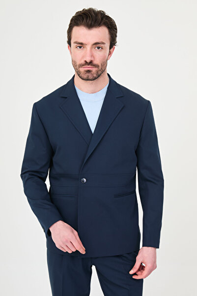 Mcr Plain Slim Fit Mono Collar Single Button Pleated Pants Men's Suit Navy Bl...