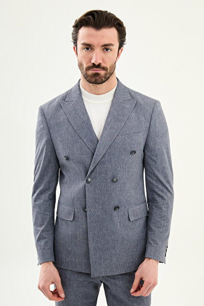 Mcr Patterned Slim Fit Wide Collar Double-Breasted Men's Suit Navy Blue - 454...