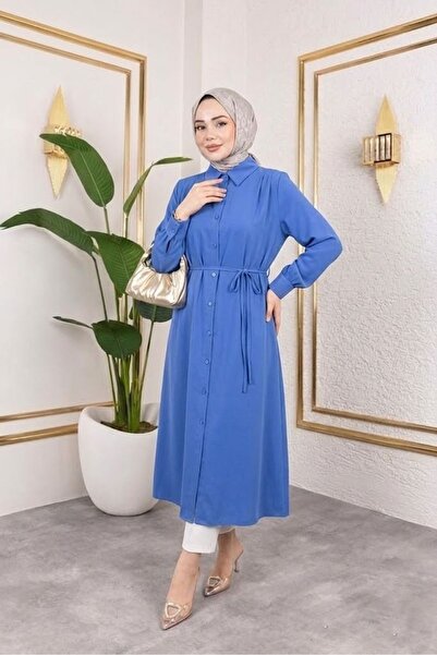 Foremia Arka Roba Omuz Pile Uzun Tunik-İndigo