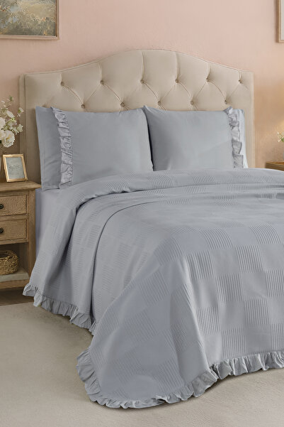 Enlora Home %100 Pamuk Fırfırlı Pike Takımı Çift Kişilik Düz Renk Gri (4 Parça)