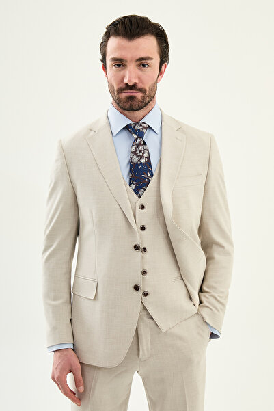 Mcr بدلة رجالية بياقة مونو قصة ضيقة سادة - بيج - 45391.25Y