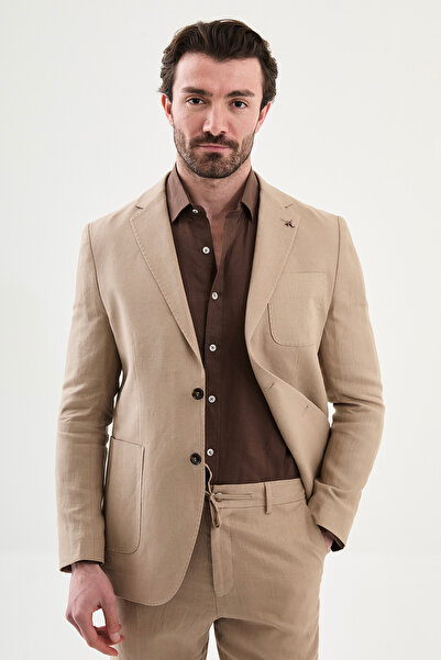 Mcr Plain Slim Fit Mono Collar Pocket 100% Linen Men's Jacket Mink - 41487.26Y