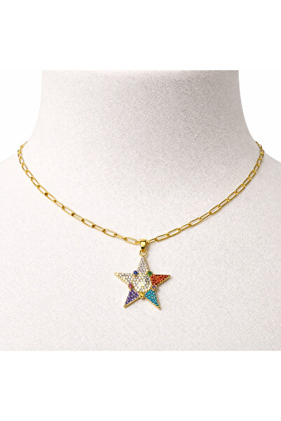 Shiny Jewellery Renkli Taşlı Yıldız Kolye Şık Tasarım Altın Renk Üst Düzey Ka...