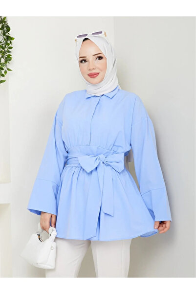 bysoca Women's Ice Blue Wide Long Sleeve Buttoned Linen Blended Waist Tie-Det...