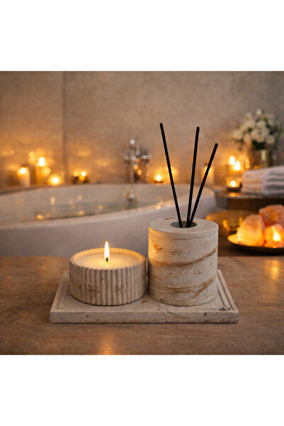Lethe Design Beton Banyo Seti, Mum, Difüzör Oda Kokusu Kabı ve Dekoratif Teps...