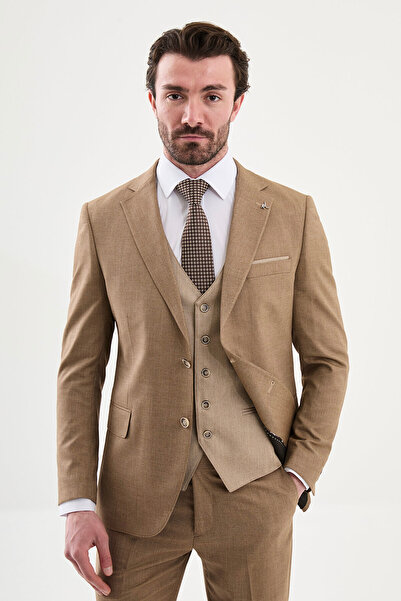 Mcr Patterned Slim Fit Men's Suit with Mono Collar Combination Camel - 45446.26Y