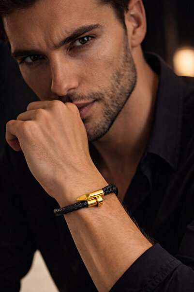 OEM Bracelet with black braided cord and gold metal elements, bangle model wi...