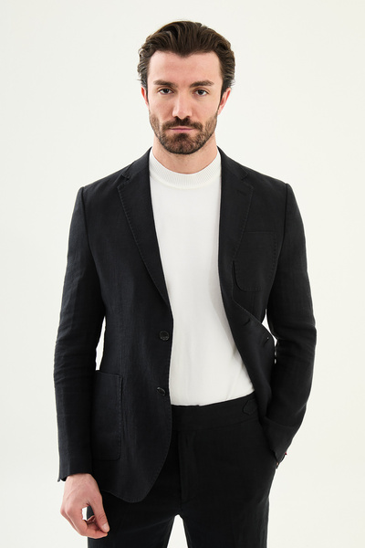 Mcr Plain Slim Fit Mono Collar Pocket 100% Linen Men's Jacket Black - 41487.26Y