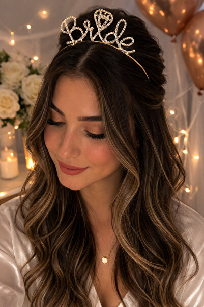 Happyewent Bride Yazılı Taşlı Altın Renk Gelin Tacı – Bekarlığa Veda Tacı
