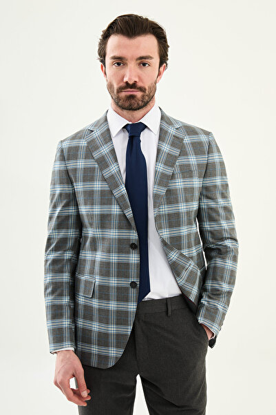 Mcr Plaid Pieces Slim Fit Mono Collar Combination Men's Suit Gray - 45437.26Y