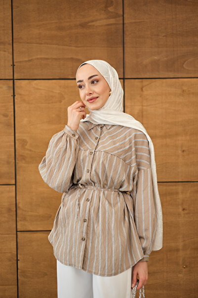 LOCCO Women's Striped Detailed Casual Shirt Mink