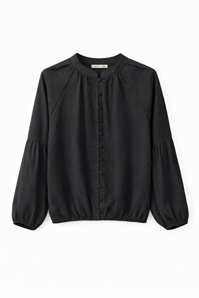 Mixray 4826 Women's High Collar Balloon Sleeve Buttoned Blouse Black