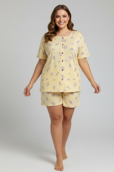 İPEKTENİM Lavanta Desenli Yuvarlak Yaka Düğmeli Büyük Beden Gömlek Pijama Takımı