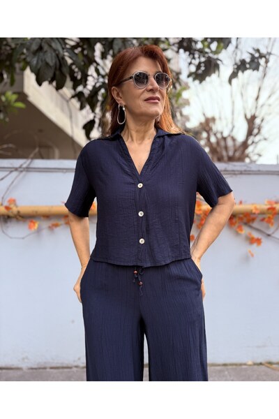 DenizEge Krinkıl Viscose Shirt/Pants Set Navy Blue