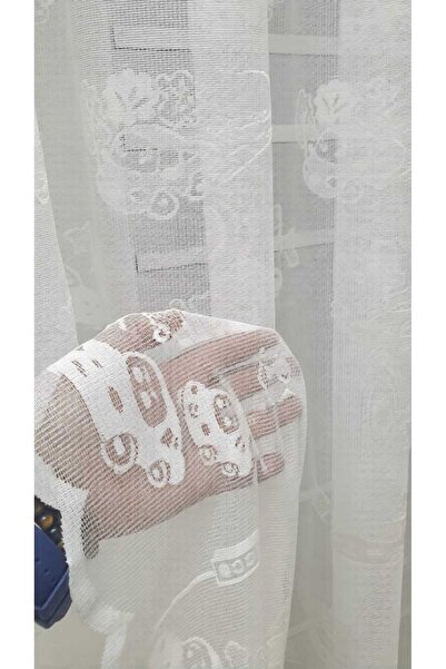 Belvedere Car Patterned Children's Room Tulle in Closely Pleated Blue Gray an...