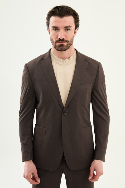 Mcr Patterned Slim Fit Mono Collar Pocket Trousers Drawstring Men's Suit Coff...