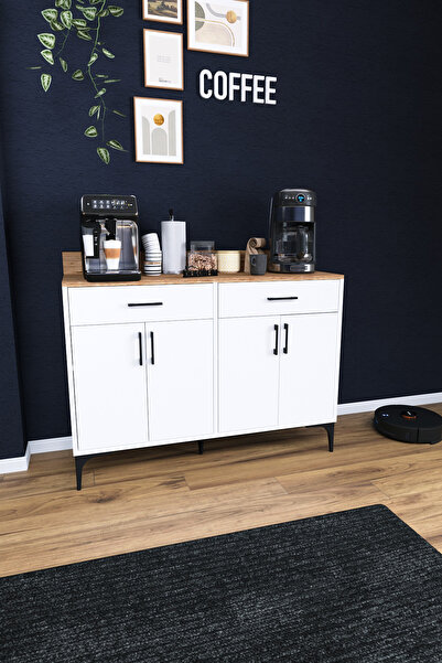 DEKORFİM DF14103 Kahve Köşesi Dolabı Çok Amaçlı Mutfak Konsolu Çekmeceli Kapaklı Mutfak Dolabı Coffee Bar