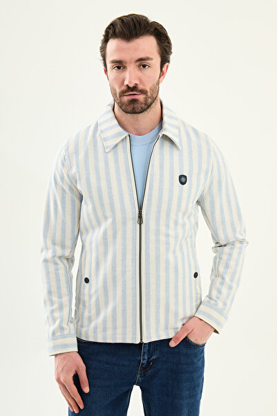 Mcr Striped Slim Fit Shirt Collar Yandan Pocketed Men's Coat Blue - 39662.26Y