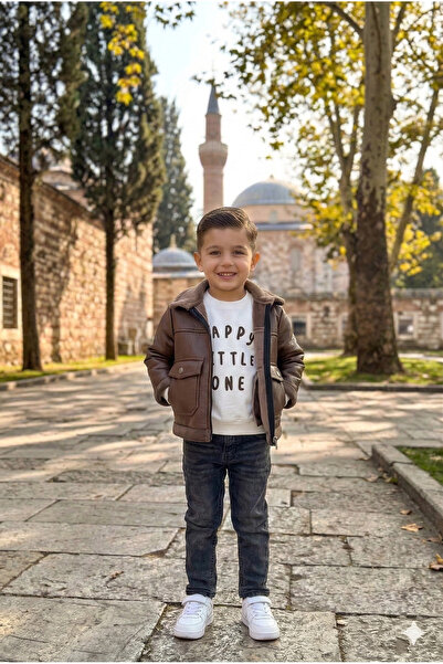 VaVbaby Erkek Çocuk Kahverengi Kürklü İçi Yünlü Deri Mont 3 lü Takım