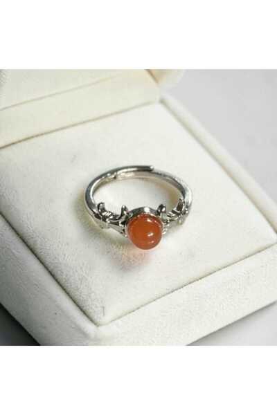 KUŞ TÜYÜ STORE Turuncu Akik Doğal Taşlı Kadın Yüzük – Ayarlanabilir Gümüş Renk