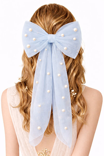 SUNEH Κλιπ μαλλιών με πέρλες και φιόγκο σε μπλε χρώμα με χτένα